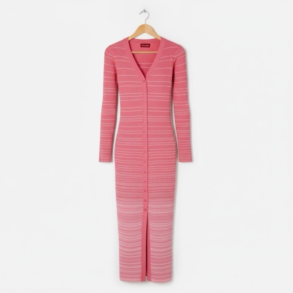STAUD Shoko Ribbed Stretch Midi Sweater Dress Pink‎ White Stripe Medium NWOT
